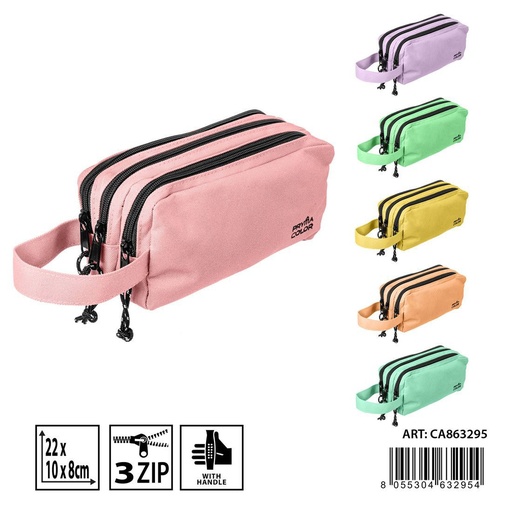 [0234941] Funda de bolígrafo 3 zip con asa 22x10x8 cm pastel - Estuches y accesorios