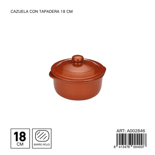 [A002846] Cazuela de barro con tapa 18 cm - Utensilios de cocina y vajillas de barro
