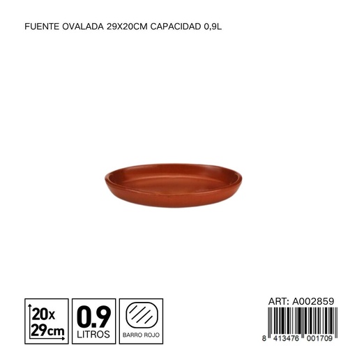 [A002859] Fuente ovalada de barro 29x20 cm capacidad 0,9L - Utensilios de cocina y vajillas de barro