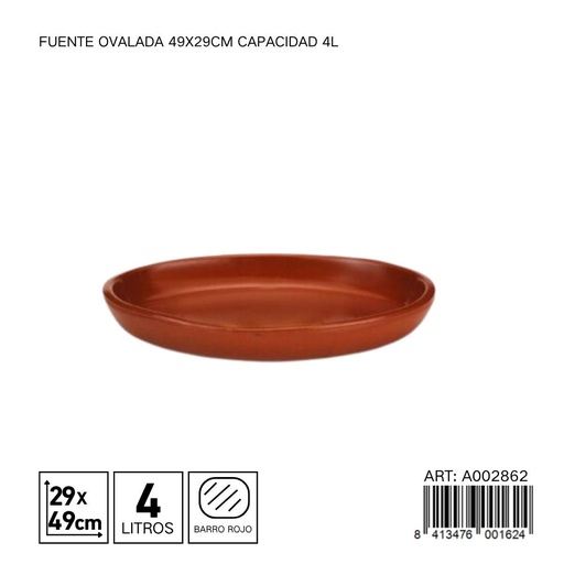 [A002862] Fuente ovalada de barro 49x29 cm capacidad 4L - Utensilios de cocina y vajillas de barro