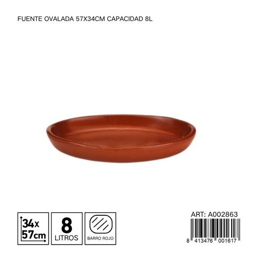 [A002863] Fuente ovalada de barro 57x34 cm capacidad 8L - Utensilios de cocina y vajillas de barro
