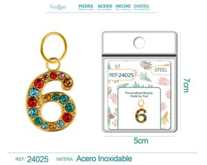 [24025] Charm de número 6 de acero dorado con circonita
