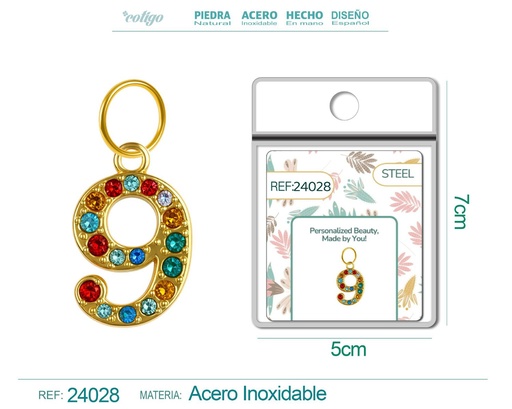 [24028] Charm de número 9 de acero dorado con circonita