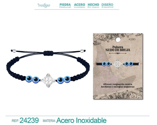 [24239] Pulsera de hilo destino con Ojo de Turco y Nudo de Bruja de acero plateado - Joyería de protección y amuletos
