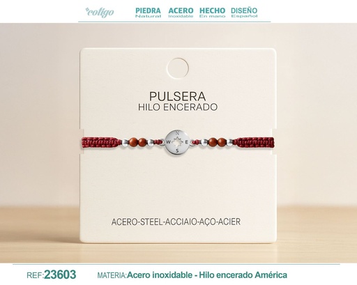 [23603] Pulsera de hilo encerado con jaspe rojo y brújula de acero - Accesorios de moda