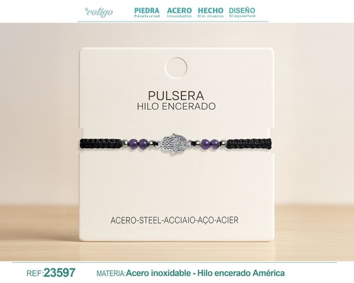 [23597] Pulsera de hilo encerado con amatista y mano de Fátima en acero - Joyería espiritual