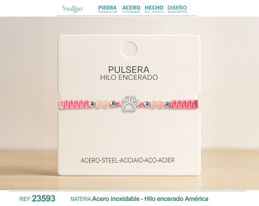 [23593] Pulsera de hilo encerado con cuarzo rosa y pato de gato en acero - Accesorios tiernos