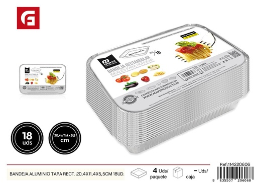 [114220606] Bandeja aluminio tapa rect. 20.4x11.4x5.5 cm 18 uds - Recipientes de aluminio desechables