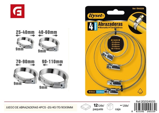 [202124533] Set de abrazaderas 4 piezas 25/40/70/90 x 9 mm - Accesorios de ferretería y abrazaderas