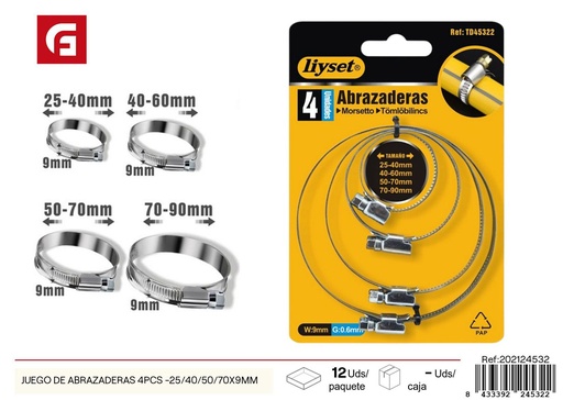 [202124532] Juego de abrazaderas 4PCS - 25/40/50/70 x 9mm - Accesorios ferretería y herrajes