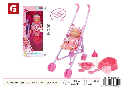 [161639349] Bebé c/accesorios, sonido y silla 30cm +24m - Juguetes y muñecos