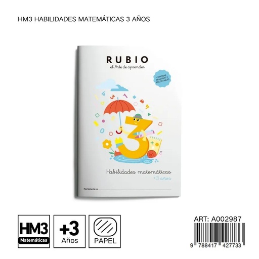 [A002987] Cuaderno RUBIO habilidades matemáticas 3 HM3 - Matemáticas para niños de 3 años