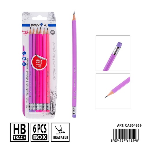 [0239557] Lápiz de grafito HB con goma de borrar 5+1pzs - Herramienta de escritura esencial