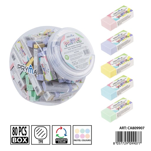 [0241098] Gomas de borrar en colores macarons en envase de 80 piezas 62x21x12 mm - Papelería escolar
