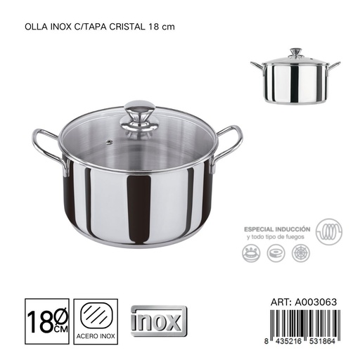 [A003063] Olla de acero inoxidable con tapa de cristal 18 cm - Utensilios de cocina