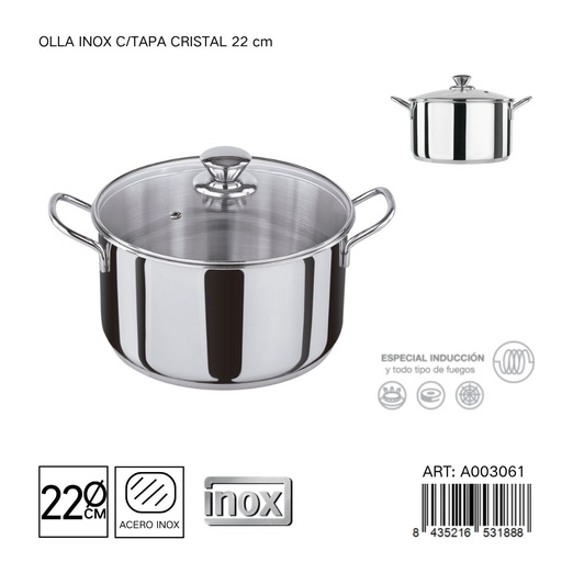 [A003061] Olla de acero inoxidable con tapa de cristal 22 cm - Cacerolas y utensilios de cocina