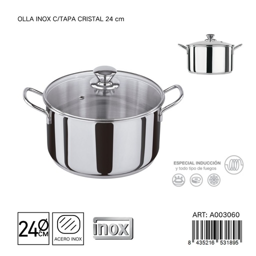 [A003060] Olla de acero inoxidable con tapa de cristal 24 cm - Utensilios de cocina