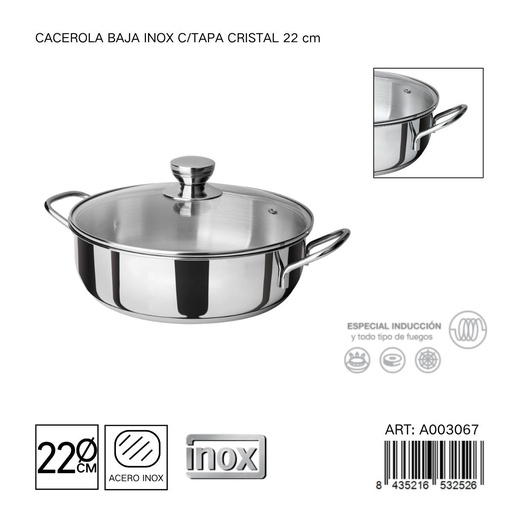 [A003067] Cacerola baja de acero inoxidable con tapa de cristal 22 cm - Utensilios de cocina