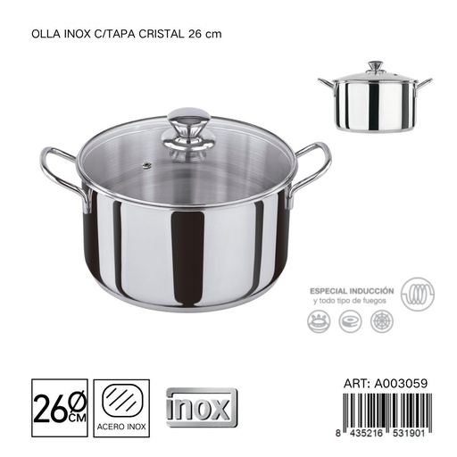 [A003059] Olla de acero inoxidable con tapa 26 cm - Utensilios de cocina