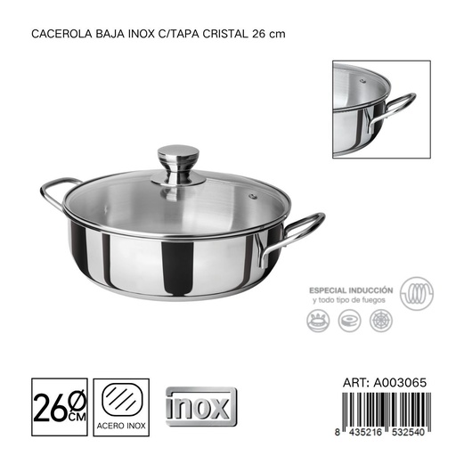 [A003065] Cacerola baja de acero inoxidable con tapa 26 cm - Utensilios de cocina