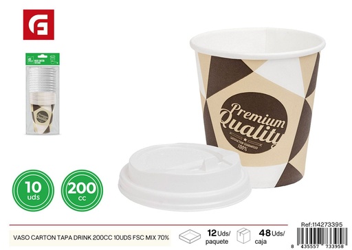 [114273395] Vaso de cartón con tapa 200 cc 10 uds FSC - Vasos ecológicos desechables