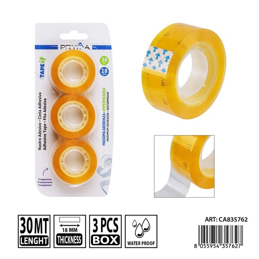 [0242161] Cinta adhesiva amarilla 18 mm x 30 m 3 piezas - Papelería escolar