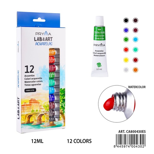 [A001830] Pintura acuarela 12 piezas 12 ml - Materiales de arte