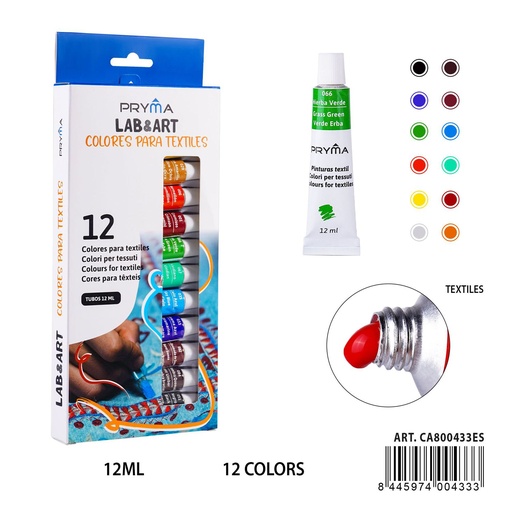 [A001833] Pintura textil 12 piezas 12 ml - Materiales de arte
