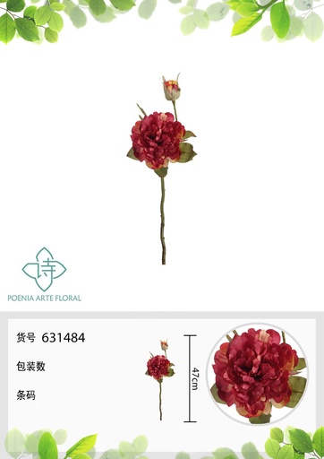 [631484-3ROJO] Vara de peonía nueva 47 cm - Flores artificiales decorativas