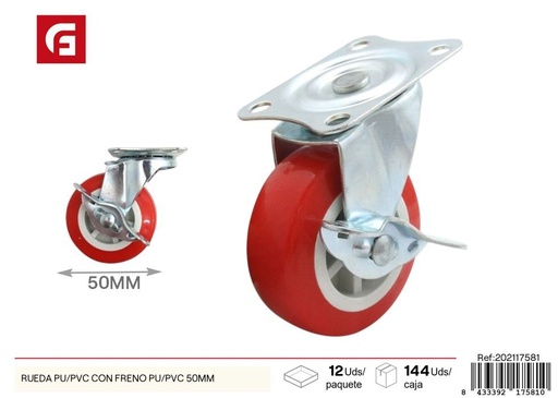 [202117581] Rueda ligera con freno PU/PVC 50 mm roja - Accesorios de ferretería y ruedas