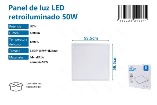 [171021284] Panel de luz LED retroiluminado 50W 6500K L595*W595*H26MM - Iluminación y plafones