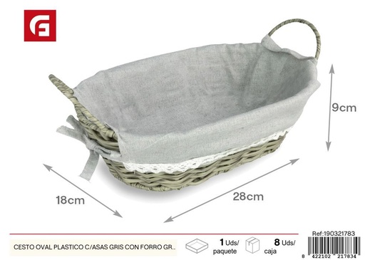 [190321783] Cesto ovalado plástico con asas grises y forro gris - Cestas decorativas y almacenamiento