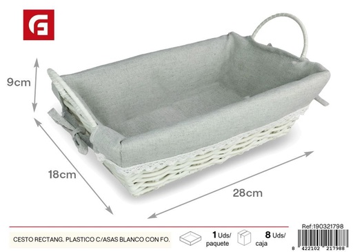 [190321798] Cesto rectangular plástico con asas blancas y forro gris - Cestas decorativas para el hogar