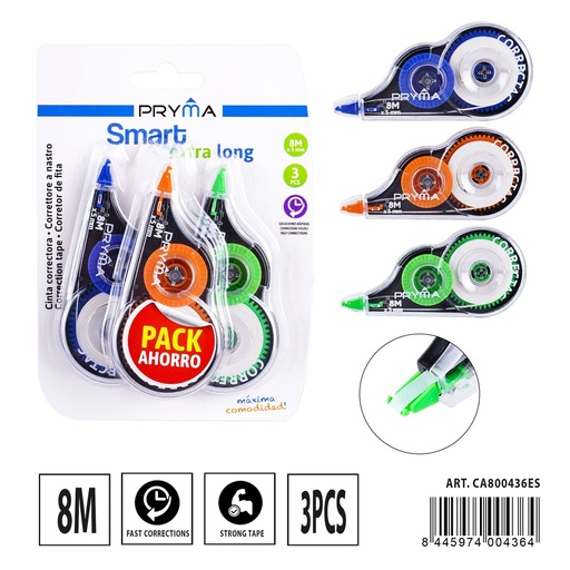[A001838] Cinta correctora económica 8mx5mm 3 piezas - Papelería escolar