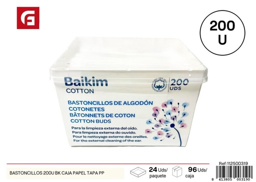 [112500319] Bastoncillos de algodón 200 u caja papel tapa PP - Productos de cuidado personal