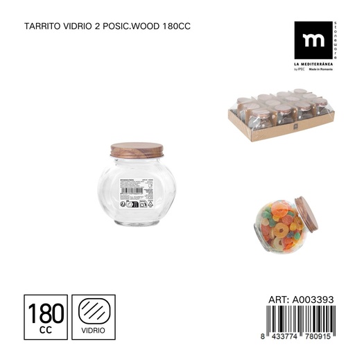 [A003393] Tarrito de vidrio con tapa de madera 180cc - Tarro de almacenamiento decorativo