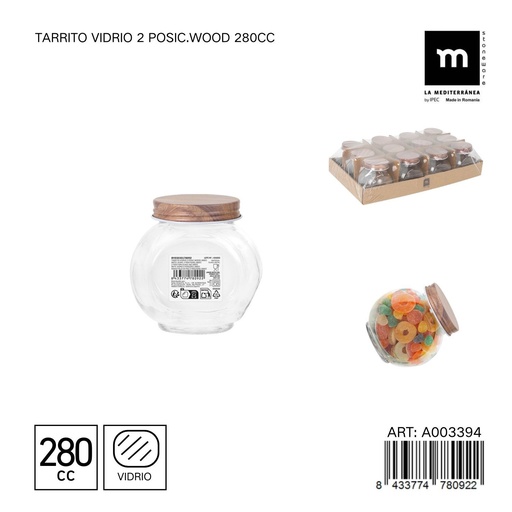 [A003394] Tarrito de vidrio con tapa de madera 280cc - Tarro decorativo de almacenamiento