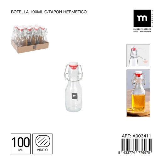 [A003411] Botella de vidrio 100ml con tapa hermética - Frasco para líquidos y aceites