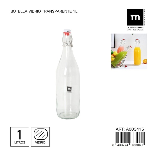 [A003415] Botella de vidrio transparente 1L - Almacenamiento de cocina y frascos