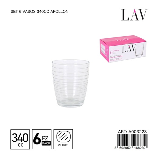 [A003223] Set de 6 vasos de vidrio 340cc Apollon - Vaso durable para uso diario