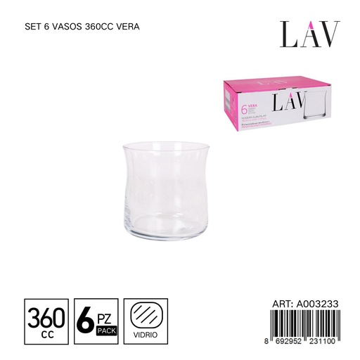 [A003233] Set de 6 vasos de vidrio 360cc Vera - Vaso ideal para agua y jugos