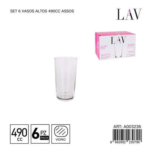 [A003236] Set de 6 vasos altos 490cc Assos - Vaso alto para agua y refrescos
