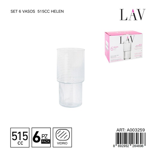 [A003259] Set de 6 vasos de vidrio 515cc Helen - Vaso grande para diversos usos