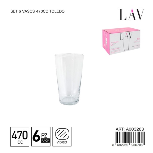 [A003263] Set de 6 vasos de vidrio 470cc Toledo - Vaso versátil para bebidas