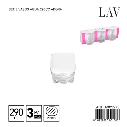 [A003273] Set de 3 vasos de agua 290cc Adora - Vaso práctico para agua