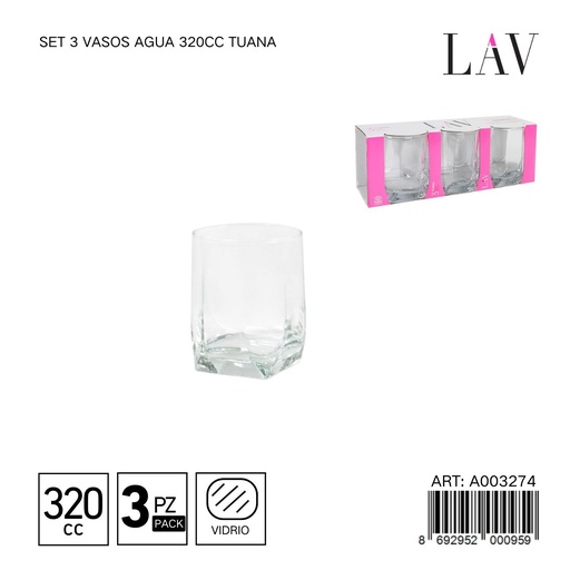 [A003274] Set de 3 vasos de agua 320cc Tuana - Vaso funcional para líquidos