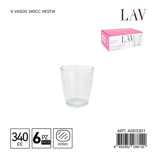 [A003301] Set de 6 vasos de vidrio 340cc Hestia - Vaso básico para uso diario