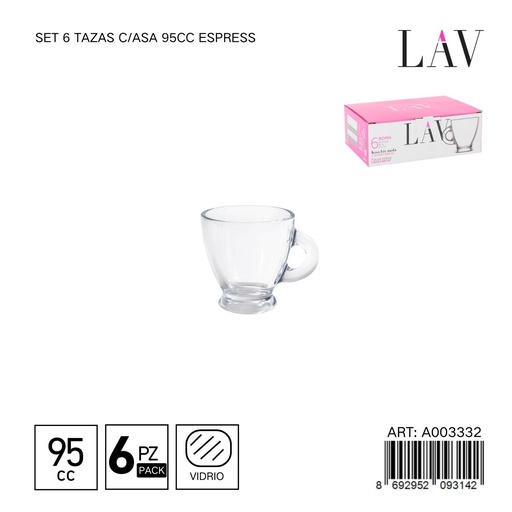 [A003332] Set de 6 tazas con asa 95cc Espresso - Taza ideal para café