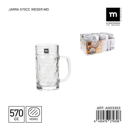 [A003353] Jarra de vidrio 570cc Weser MD - Ideal para cervezas y jugos