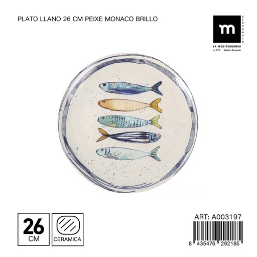 [A003197] Plato llano de cerámica de 26 cm PEIXE Monaco BRILLO - Utensilios de mesa
